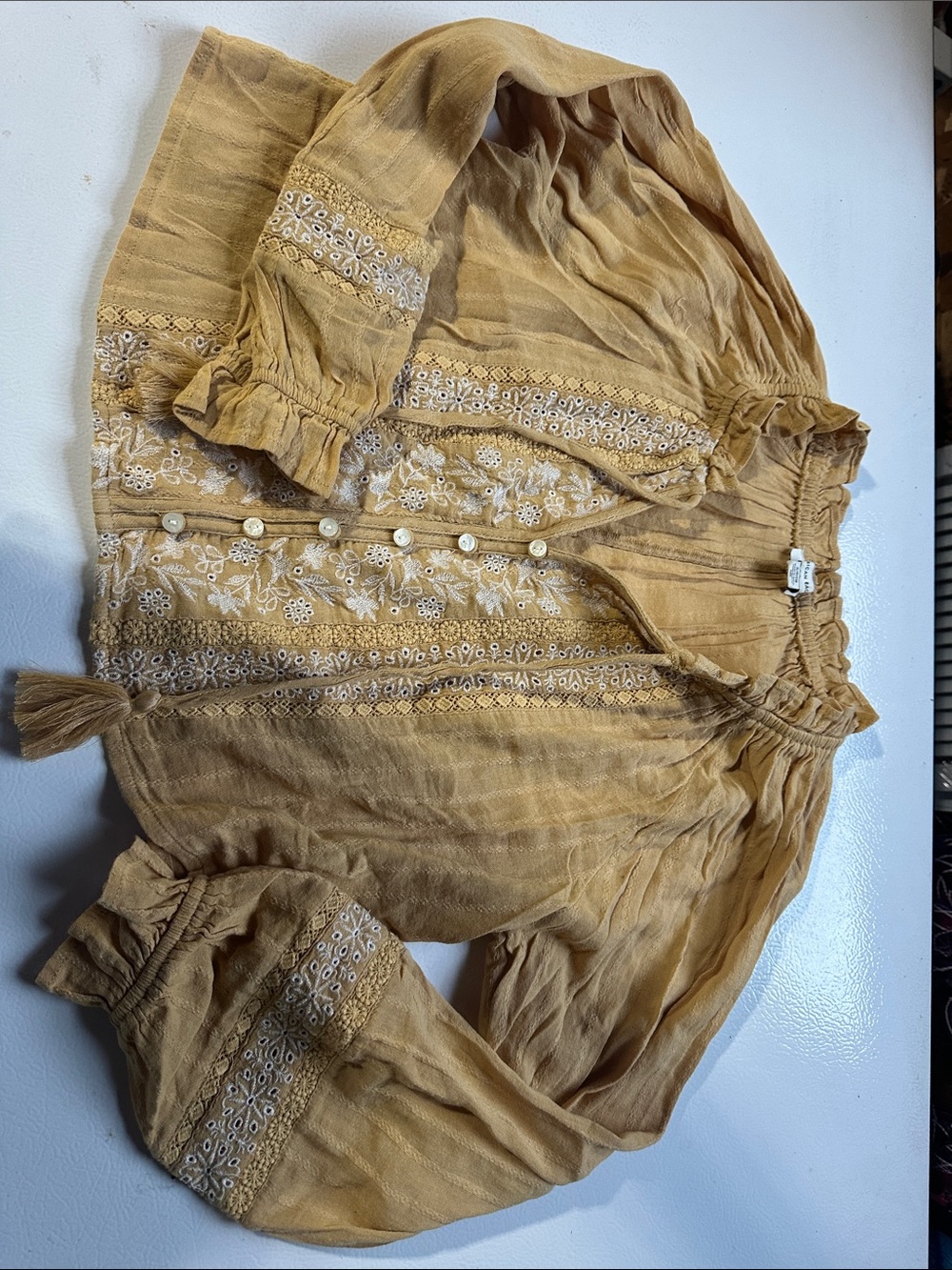 American Eagle Embroidered Mustard Peasant Blouse